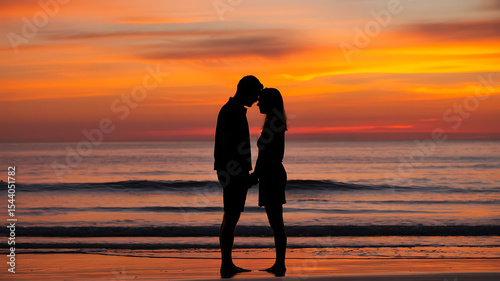 Silhouette of a couple standing on a beach during a vibrant sunset scene