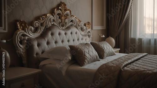 Ornate headboard with pillows and duvet in a dimly lit bedroom setting