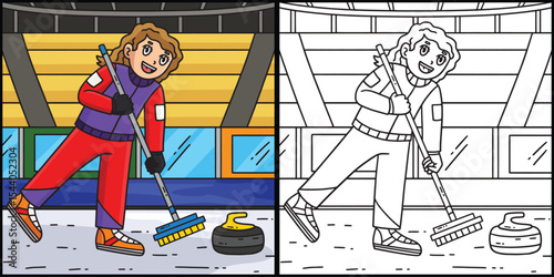 Female Curler Sweeping Coloring Page Illustration 