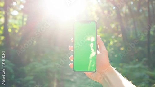 Hand holds a smartphone with a bright green screen Lush forest foliage creates a blurred background Sunlight streams through the trees casting dappled shadows