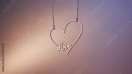 Close up of a silver necklace with a heart shaped pendant with the word love