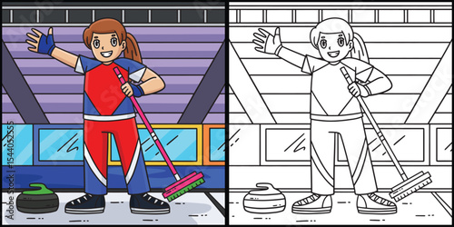 Curling Female Curler Holding Broom Illustration 
