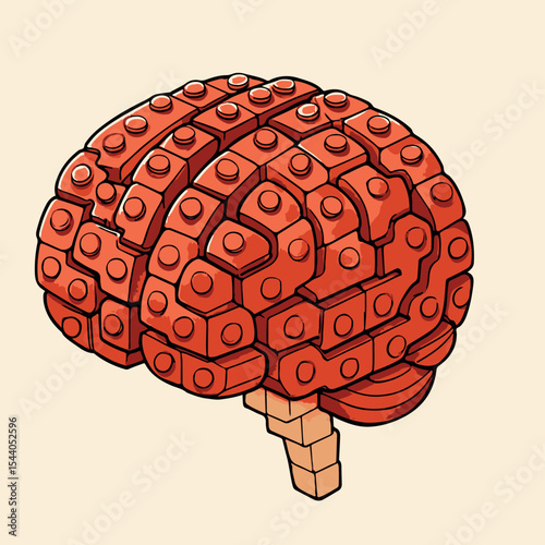 A vivid illustration of a brain constructed from red building blocks, symbolizing creativity, structure, and development