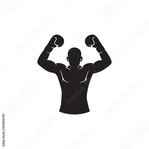 Powerful Boxer Silhouette Celebrates Victory.A bold silhouette of a boxer with arms raised in victory.