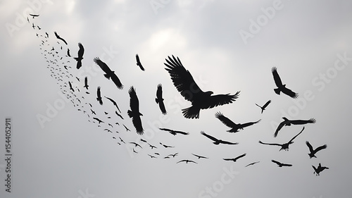 Silhouette of a flock of birds flying in the sky against a cloudy backdrop