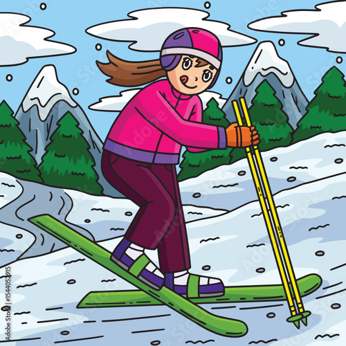 Skiing Girl Trying to Ski Colored Cartoon 