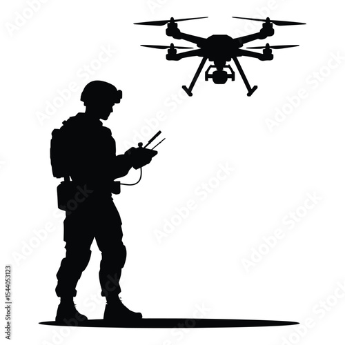Military soldier operating drone silhouette isolated on white background