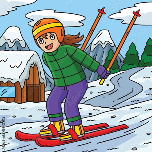 Skiing Girl Gliding with Skiboards Colored Cartoon