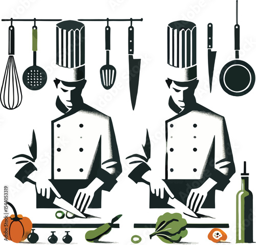 Illustrated chefs preparing food in a professional kitchen with kitchen utensils and vegetables