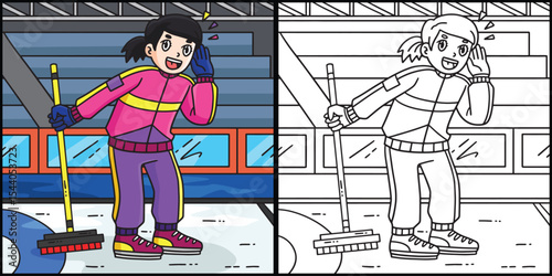 Curling Female Skip Shouting Coloring Illustration