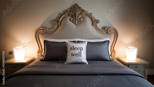 Ornate headboard and bedside lamps illuminate a cozy bedroom setting well