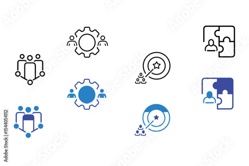 Collaboration line and flat icon set. Business, teamwork, meeting, partnership, work group, business people, conference, presentation, team action icons. Editable vector illustration