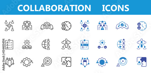 Collaboration line and flat icon set. Business, teamwork, meeting, partnership, work group, business people, conference, presentation, team action icons. Editable vector illustration