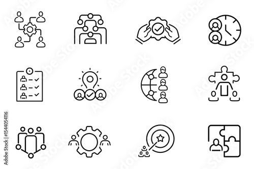 Collaboration line stroke icon set. Business, teamwork, meeting, partnership, work group, business people, conference, presentation, team action icons. Editable vector illustration