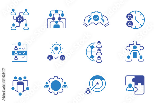 Collaboration solid flat icon set. Business, teamwork, meeting, partnership, work group, business people, conference, presentation, team action icons. Editable vector illustration