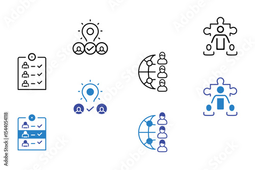 Collaboration line and flat icon set. Business, teamwork, meeting, partnership, work group, business people, conference, presentation, team action icons. Editable vector illustration