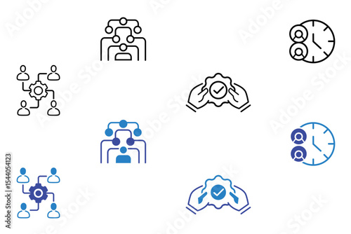 Collaboration line and flat icon set. Business, teamwork, meeting, partnership, work group, business people, conference, presentation, team action icons. Editable vector illustration