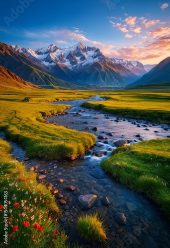 The mountain and the stream in the valley have several flowers