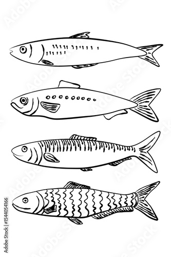 Collection of hand drawn sardine fish illustration in black. Stylized set perfect for seafood packaging, retro labels, restaurant menus and nautical-themed designs