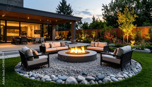 Backyard fire pit with evening relaxation.