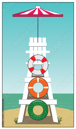 A lifeguard chair with three colorful lifesavers.