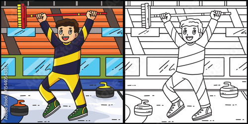 Curling Male Curler Raising Broom Illustration 