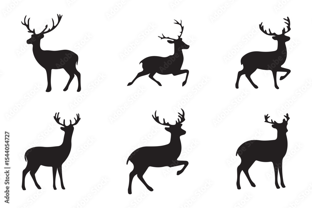 Fototapeta premium A collection of deer silhouettes showing various poses and antler configurations, ideal for wildlife-themed designs or illustrations.