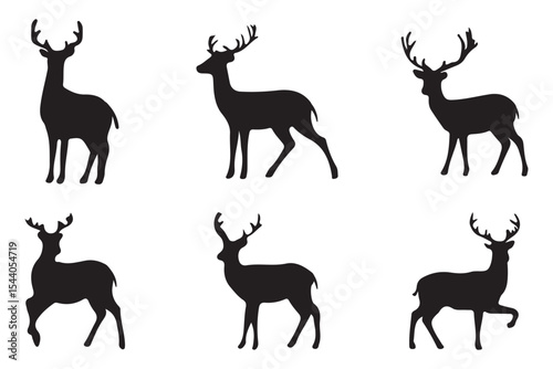 A collection of deer silhouettes showing various poses and antler configurations, ideal for wildlife-themed designs or illustrations.