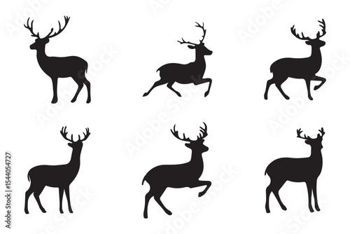 A collection of deer silhouettes showing various poses and antler configurations, ideal for wildlife-themed designs or illustrations.