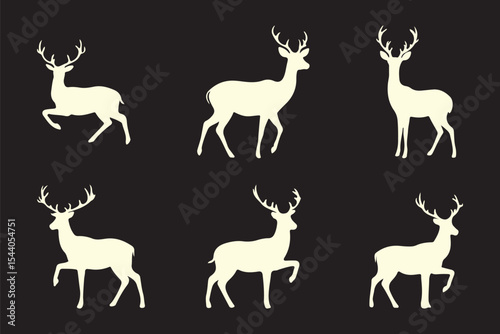 A collection of deer silhouettes showing various poses and antler configurations, ideal for wildlife-themed designs or illustrations.