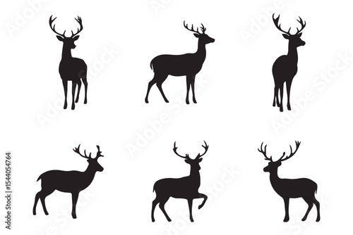 A collection of deer silhouettes showing various poses and antler configurations, ideal for wildlife-themed designs or illustrations.