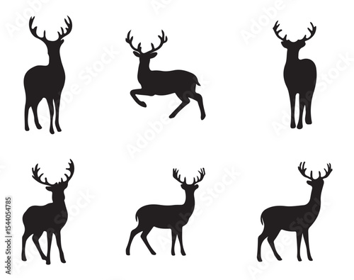 Deer silhouettes set vector illustration, black deer silhouette icon bundle