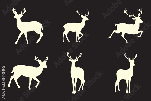 Vector deer silhouettes depict wild mammals with antlers, illustrating nature's diverse wildlife