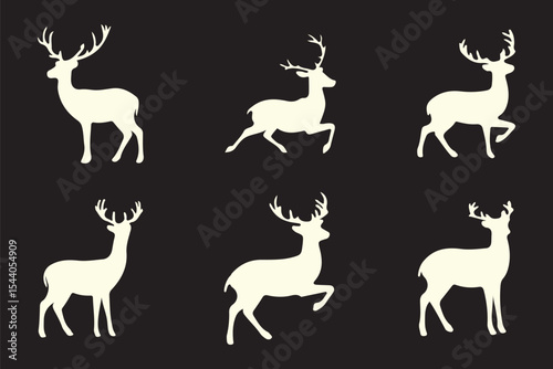 Vector deer silhouettes depict wild mammals with antlers, illustrating nature's diverse wildlife