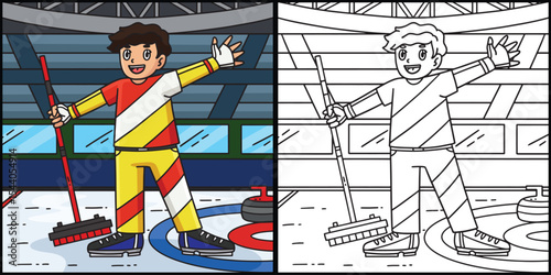 Curling Male Athlete with Broom Illustration 