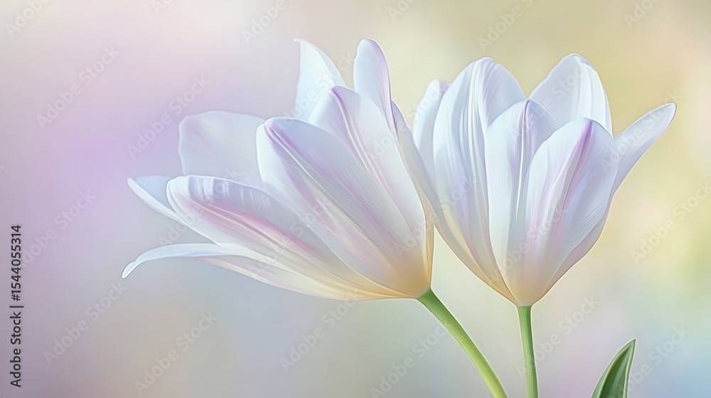 Fototapeta premium Delicate white tulips in soft pastel colors.