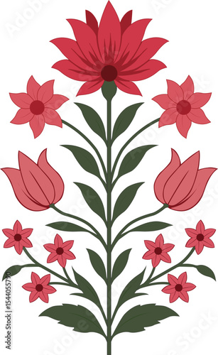 Traditional Floral Motif with Red Flowers and Green Leaves in Ethnic Decorative Art Style.