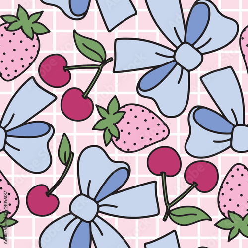 Blue coquette bows strawberries and cherries seamless pattern.  Girly Print for wallpapers, fabric prints, stationery, gift wrapping, or digital backgrounds