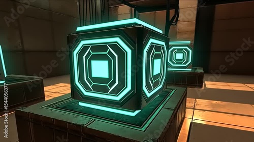 Futuristic Glowing Cubes in Industrial Environment, Mysterious Tech Artefacts