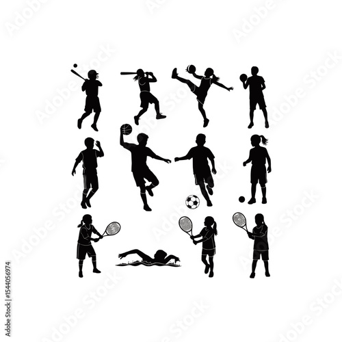 children silhouette vector sport swimming, footbool, tennis, badminton