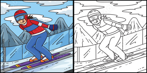 Female Ski Jumper Sliding Coloring Illustration 