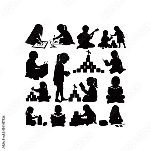 children silhouette vector painting, reading book and playing guitar