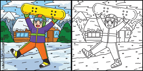 Snowboarding Boy Raising a Snowboard Illustration 