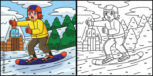 Snowboarding Girl Balancing Coloring Illustration 