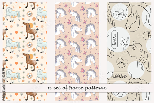 vector set of seamless patterns with horses. Endless repeating patterns for printing with images of horses