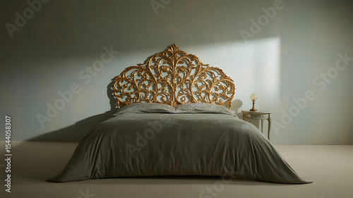 A bed with a large ornate gold headboard in a dimly lit room setting view