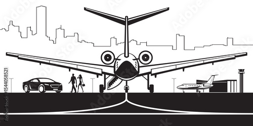 Business people  with private jet  and luxury car at airport – vector illustration