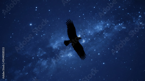 Silhouette of a bird flying against a starry night sky with milky way glow