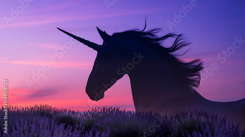 Silhouette of a unicorn in a field at sunset with a purple and pink sky
