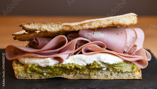 focaccia sandwich with mortadella, burrata and pesto